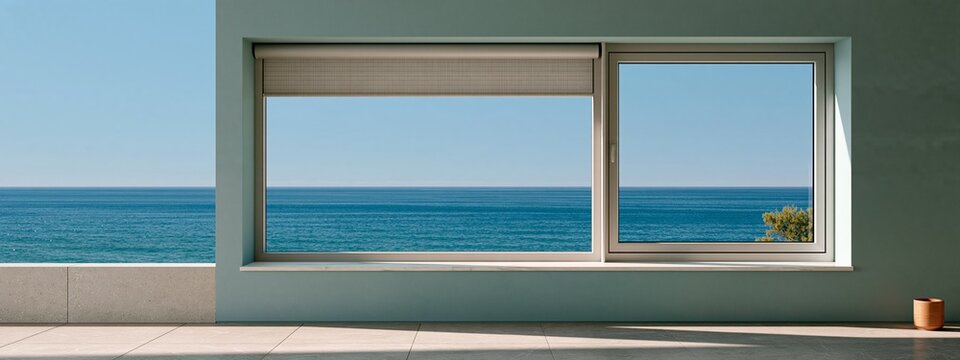 Modern minimalist room interior with large ocean view window and blue sea