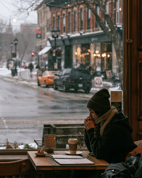 Adult with hot drink beside snowy cafe window