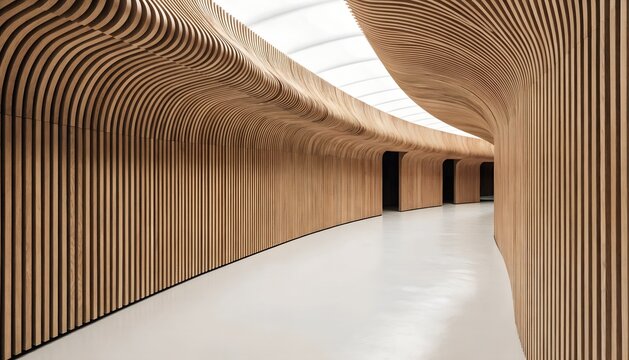 Parametric wood architecture corridor, modern organic timber wall design, futuristic wooden interior hallway with curved slats