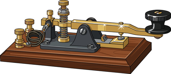 Vintage Morse Code Telegraph Key Vector Illustration with Brass Metal and Wooden Base Details for Retro Communication History and Steampunk Technology Designs © MstAlif