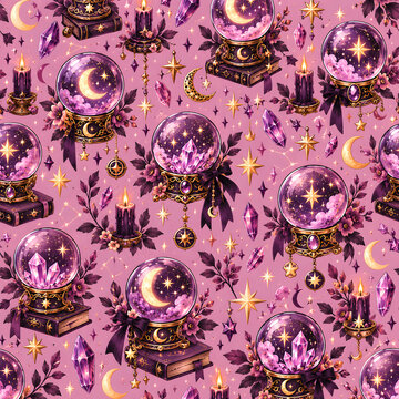 seamless pattern with magic crystal balls and pink background