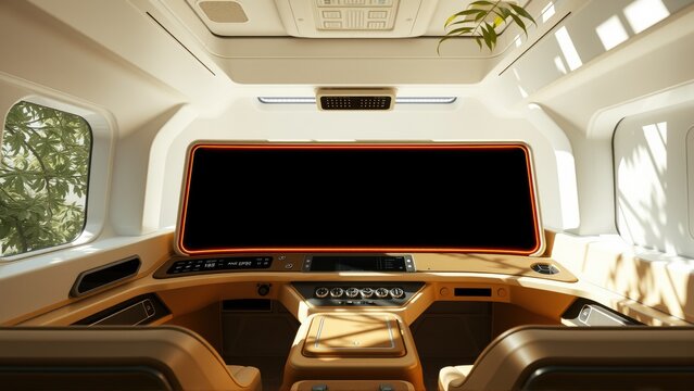 Interior view, futuristic vehicle cabin. Warm tones dominate, sleek design, minimal lighting, plants visible through windows. Comfortable seating apparent.
