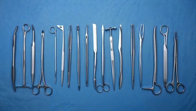 Surgical Tools Array Including Forceps Scissors and Scalpel on Blue Background