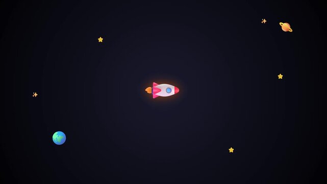 A 3D space animation featuring stars, Earth, a flying rocket, and a rotating planet