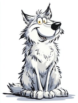 Cartoon Illustration Of A Happy Grey Wolf Sitting On White Background