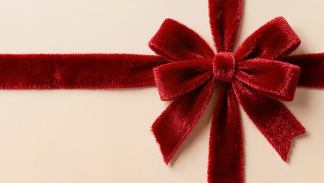 Red velvet ribbon bow on a soft cream background arranged as a wrapped gift, Christmas present and holiday celebration concept with wide copy space for text