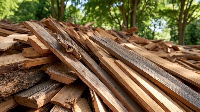 Large stack of lumber and scrap wood pieces piled outdoors in sunlight