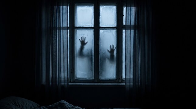 Human hand silhouettes pressed against a frosted window at night in a dark room with frosted glass windowpane