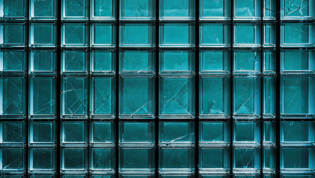 Teal glass block wall with a repeating grid pattern and soft cracked reflections, modern architecture facade and minimal geometric background concept with copy space