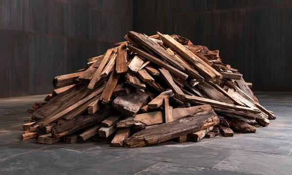 A large pile of reclaimed timber and old wooden planks on a dark floor