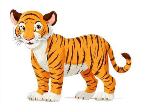 Cute Cartoon Tiger Cub Standing Proudly With Bright Orange Fur And Dark Stripes Isolated On White
