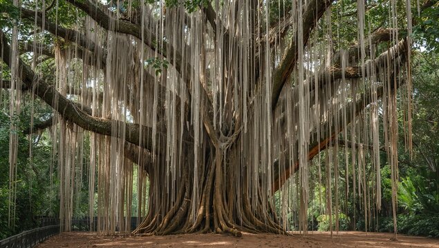 Majestic Tree with Extensive Root System and Hanging Vines in Forest