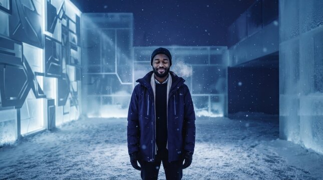 Frozen Fortress: A lone man stands confidently in a striking, ice-encrusted chamber, surrounded by illuminated walls, braving the cold and creating an atmosphere of mysterious isolation.