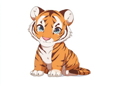 Cute Pixel Art Tiger Cub Sitting Isolated On White Background