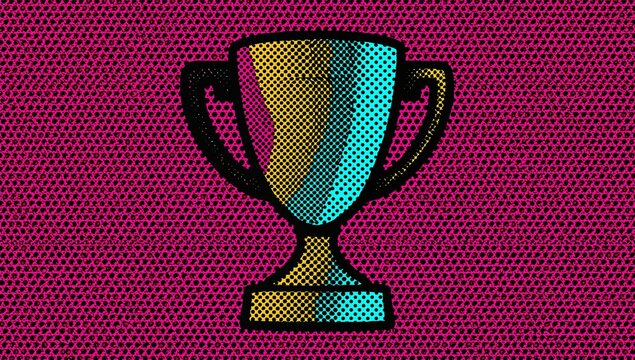 Brightly Colored Trophy Cup with Bold Decorative Dot Pattern Background