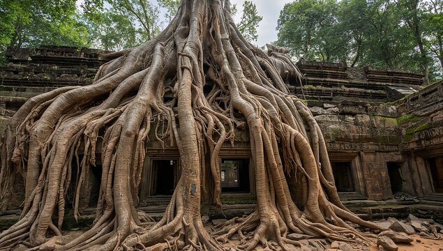 Ancient Tree Roots Overgrowing an Old Temple Ruin in Dense Jungle