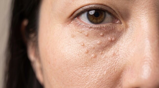 Extreme Macro Close-Up of Milia Cysts and Keratin Spots Under Woman Eye