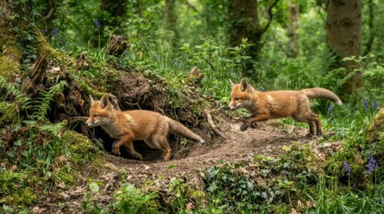 Fototapeta premium Two Foxes emerge from a den in a lush forest: Two young foxes, one emerging from its den and the other running alongside, are depicted in a vibrant, green forest setting.