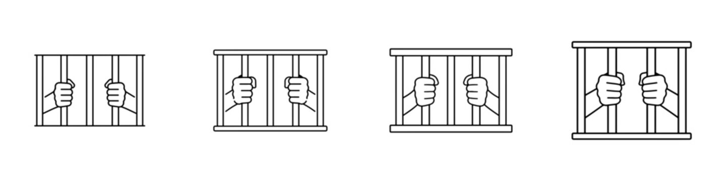 Prison bars with clenched hands line art icons for crime, law, punishment and justice concepts.