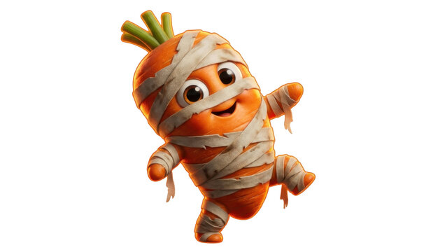 Cute animated carrot character wrapped in mummy with happy face
