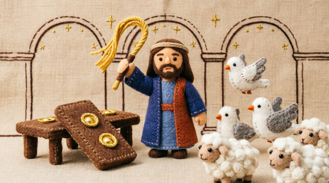 Jesus Cleanses the Temple Art Depicts Christ Driving Out Merchants With Righteous Divine Power.