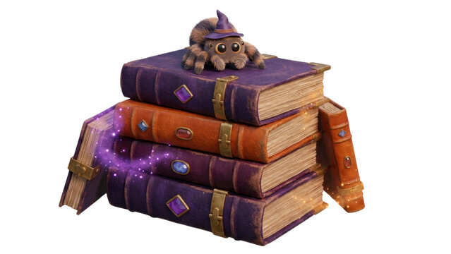 Cute spider wearing a witch hat on a stack of magical old books with glowing dust
