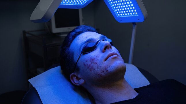 Young Man Wearing Goggles Receiving Blue Light LED Therapy for Acne Treatment