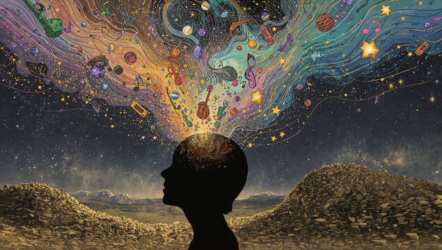 Imaginative Silhouette of a Child with Creative Artistic Expression and Colorful Abstract Thought Clouds