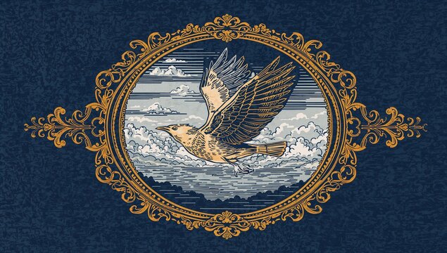 Ornate vintage design featuring a flying bird within gilded oval frame on dark background