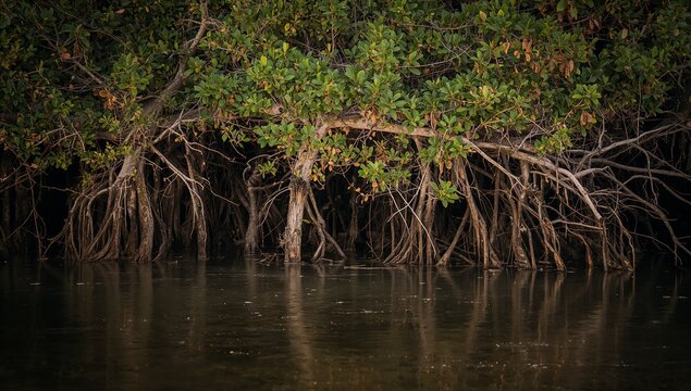 Coastal mangrove trees with aerial roots growing along water shoreline in a tropical wetland