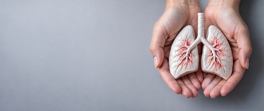 Anatomical model of human lungs held gently in caring hands on gray background with copy space, pulmonology, respiratory health, lung cancer and pneumonia awareness banner.