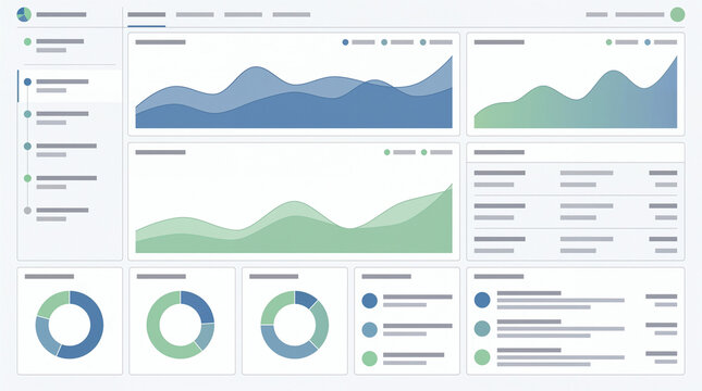 Abstract data visualization dashboard template without text. Features blank line charts, pie charts, and UI placeholders in light mode. Ideal asset for financial technology screen replacement.