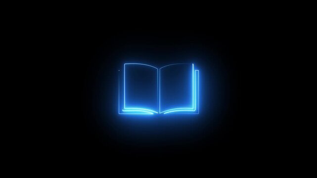 Glowing blue neon open book outline graphic symbol for digital education