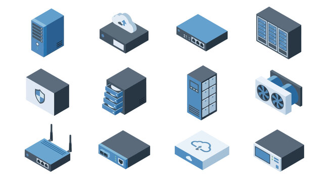 Professional Isometric of Modern Data Center and Networking Equipment in Blue and Gray Tones with high quality professional line art symbols for modern creative design and digital branding projects