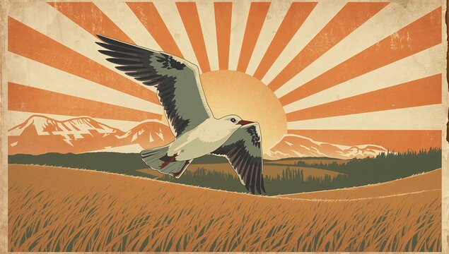 Vintage Style Illustration of a Seagull Flying Over a Scenic Landscape at Sunrise