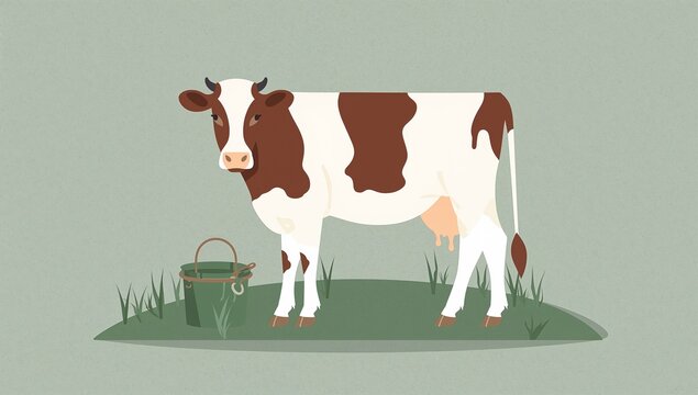 Cartoon Cow Standing on Grass Next to Watering Bucket Illustration