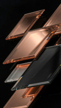 Overlapping copper glass parallelograms on black