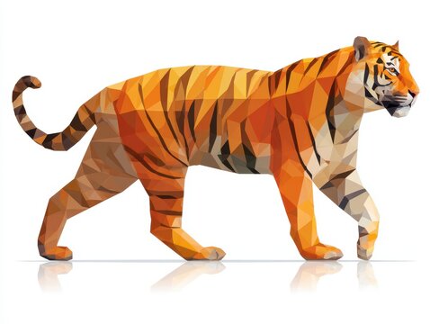 Low Poly Geometric Orange Tiger Walking Isolated On White Background With Subtle Ground Reflection