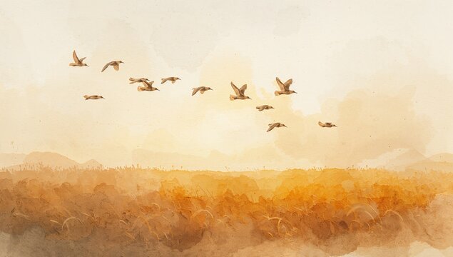 Flock of Birds Flying Over a Field During Sunrise with Soft Watercolor Effect
