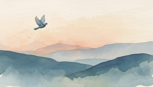 Serene Watercolor Landscape of Mountain Ranges with a Flying Dove at Sunrise