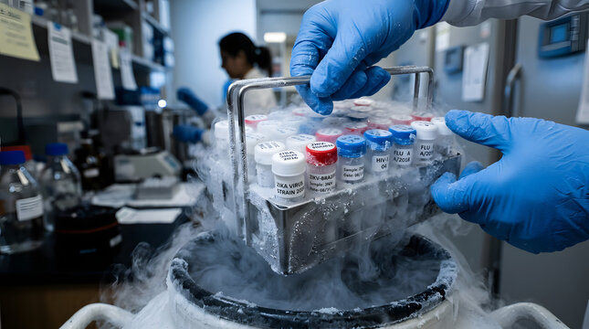 Scientist hands in blue gloves handling cryogenic vials in laboratory storage.
