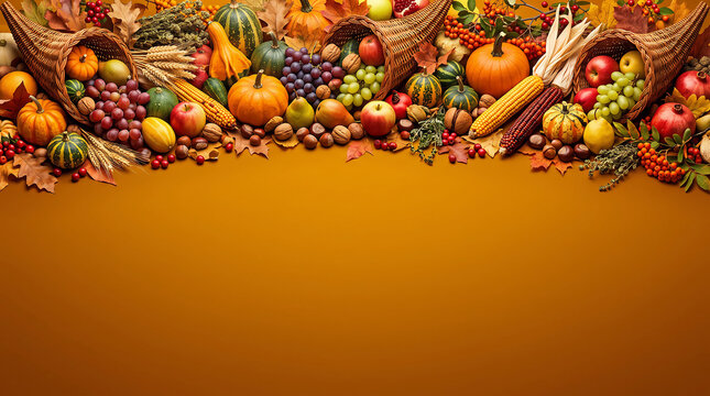 Large thanksgiving banner with abundant autumn harvest cornucopias on rustic orange background for festive events.