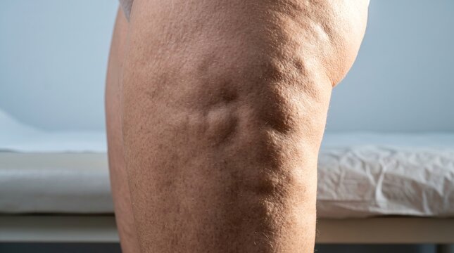 Close-Up of Female Thigh Skin Affected by Severe Cellulite and Dimpling Texture