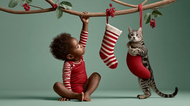 Child hanging stockings, cat trying to climb into one, pastel green wall, copy space