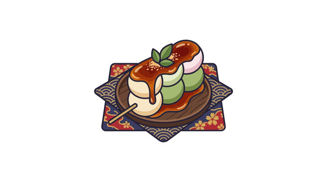 Japanese mitarashi dango sweet snack on a decorative plate.
