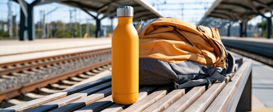 Travel reusable water bottle and backpack on train station bench for commuter lifestyle design poster background and sustainable travel concept
