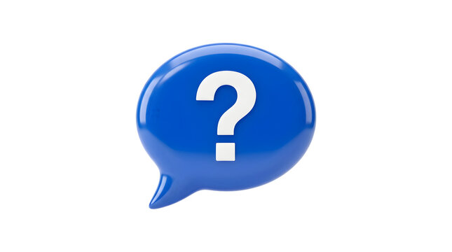 Glossy blue speech bubble with white question mark, 3D FAQ icon for customer support, help desk symbol on white background