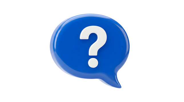 Glossy blue speech bubble with white question mark, 3d render of faq icon, help and support concept on white background