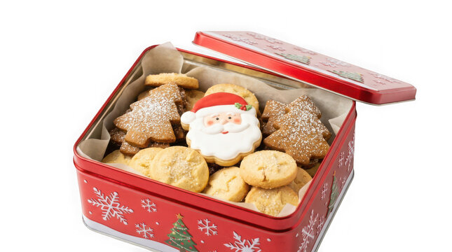 Open tin box filled with assorted christmas cookies including santa claus and tree shapes isolated on transparent background