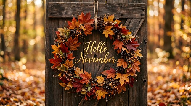 Beautiful autumn wreath made of maple leaves and pinecones hanging on a rustic wooden door in a forest setting with hello november text